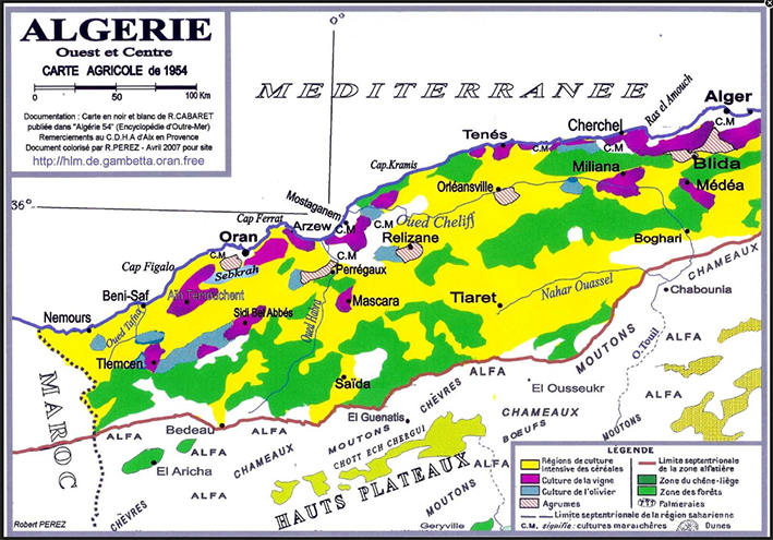 carte des vignobles de l'Algérie